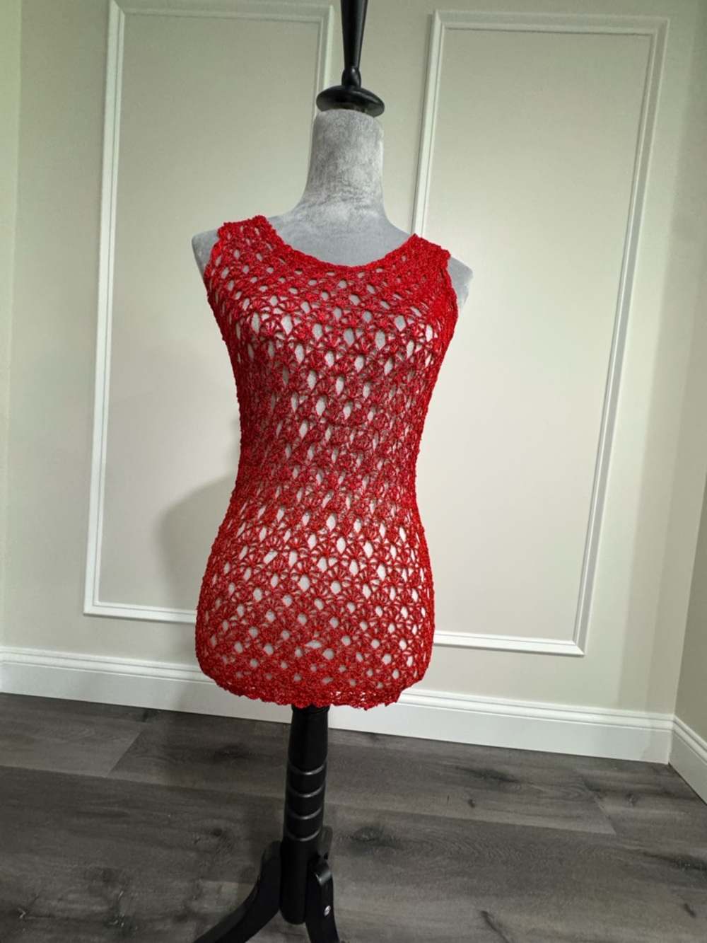 Red Crochet Sleeveless Mesh Tunic